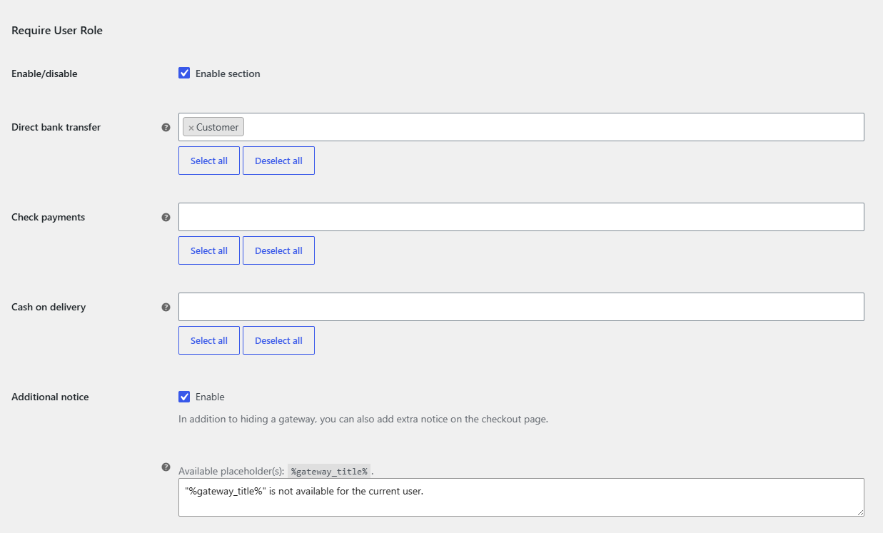 User Role section with Require User Role enabled and a role selected for Direct bank transfer