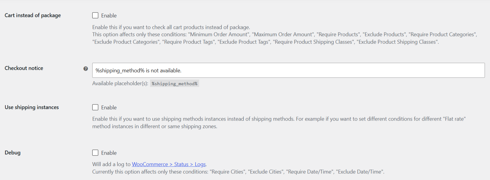 Conditional Shipping general options including Use shipping instances and Debug
