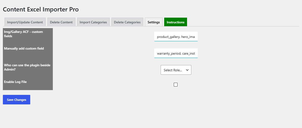 Settings tab with Img/Gallery ACF - custom fields and Manually add custom field filled