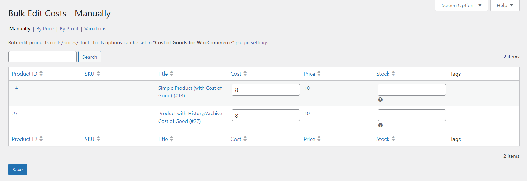 Bulk Edit Costs screen in Cost of Goods with editable cost fields per product