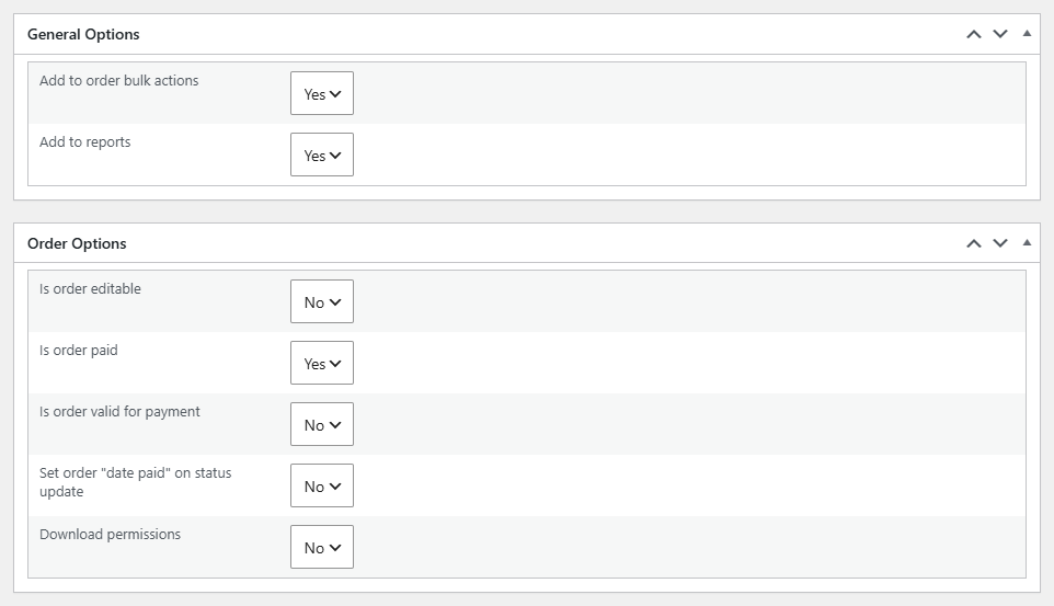 General Options and Order Options boxes on a custom status edit screen (WooCommerce / Order Status / edit status)