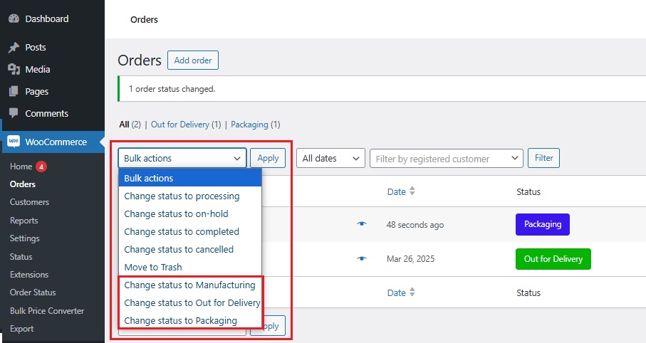custom order status manager for woocommerce