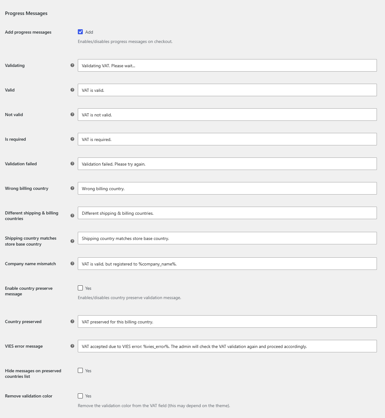 Messages sub-tab with the progress message fields