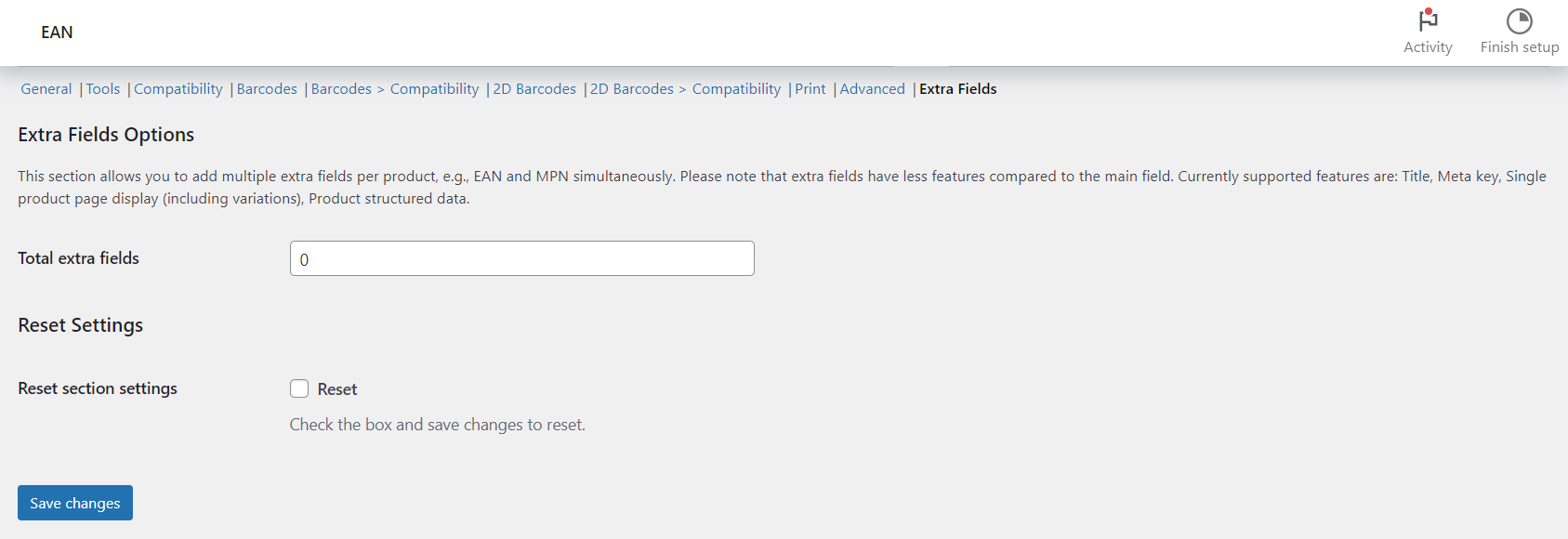 Extra Fields options in EAN for WooCommerce: total extra fields and reset