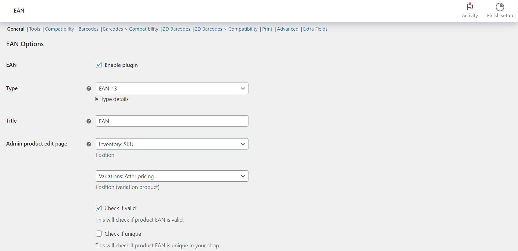 General EAN options: enable plugin, EAN type, title, position and validation checks