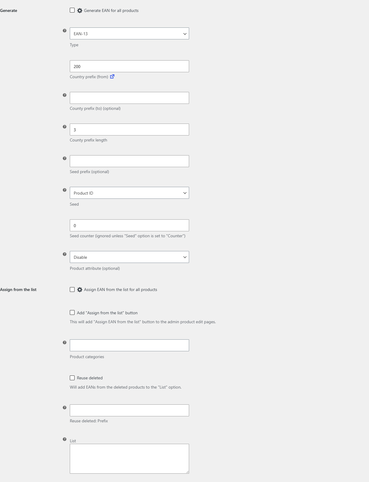 Tools section showing the Generate options (Country prefix, Seed prefix, Seed) and the Assign from the list box