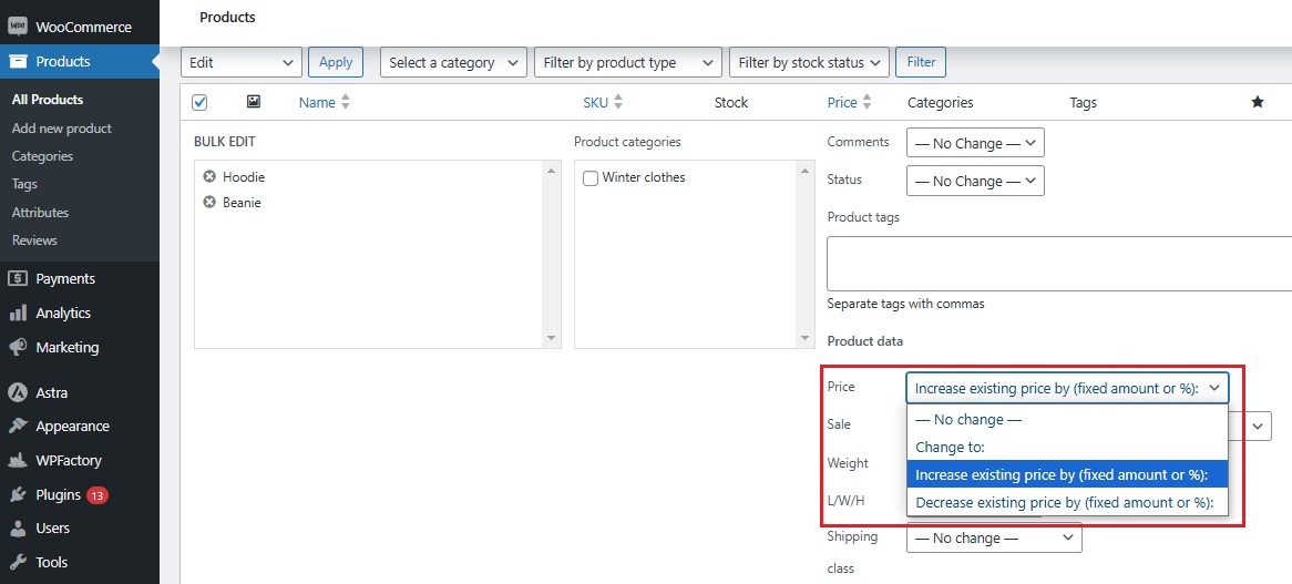 edit multiple product prices WooCommerce - default