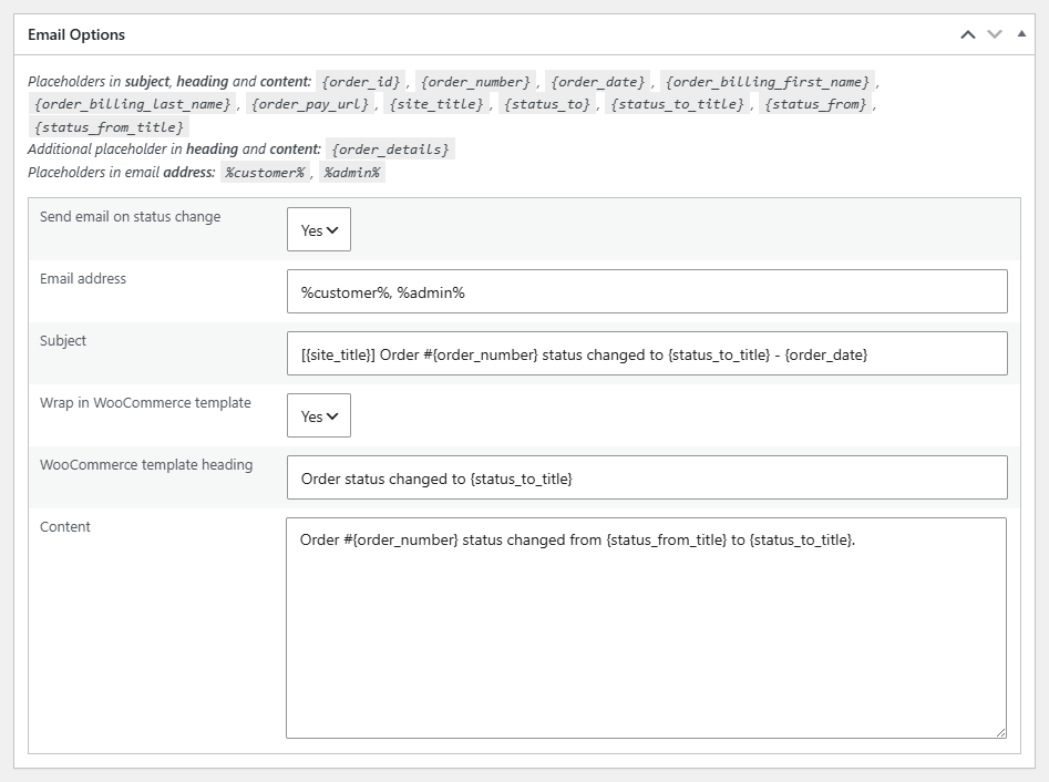 Email Options box on a custom status edit screen (WooCommerce / Order Status / edit status)