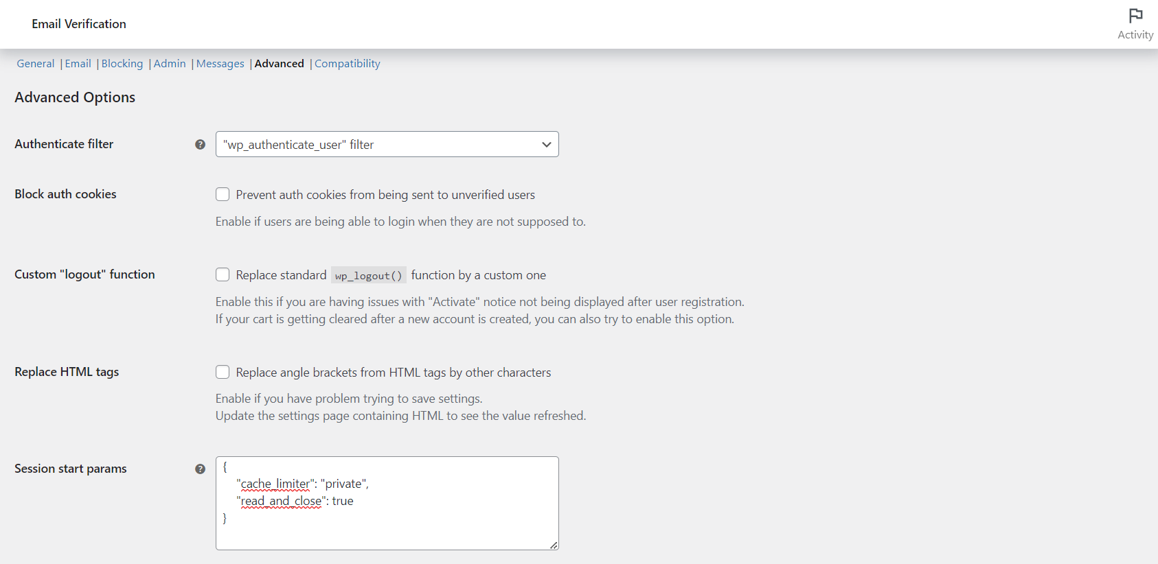 Advanced options tab of Customer Email Verification for WooCommerce