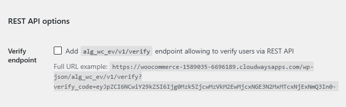 Verify endpoint option in the REST API options group on the Advanced sub-tab