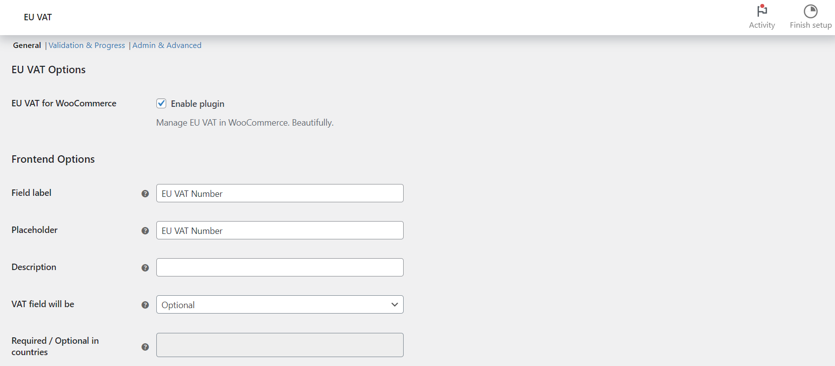 EU VAT General tab with field label, placeholder and the VAT field will be selector