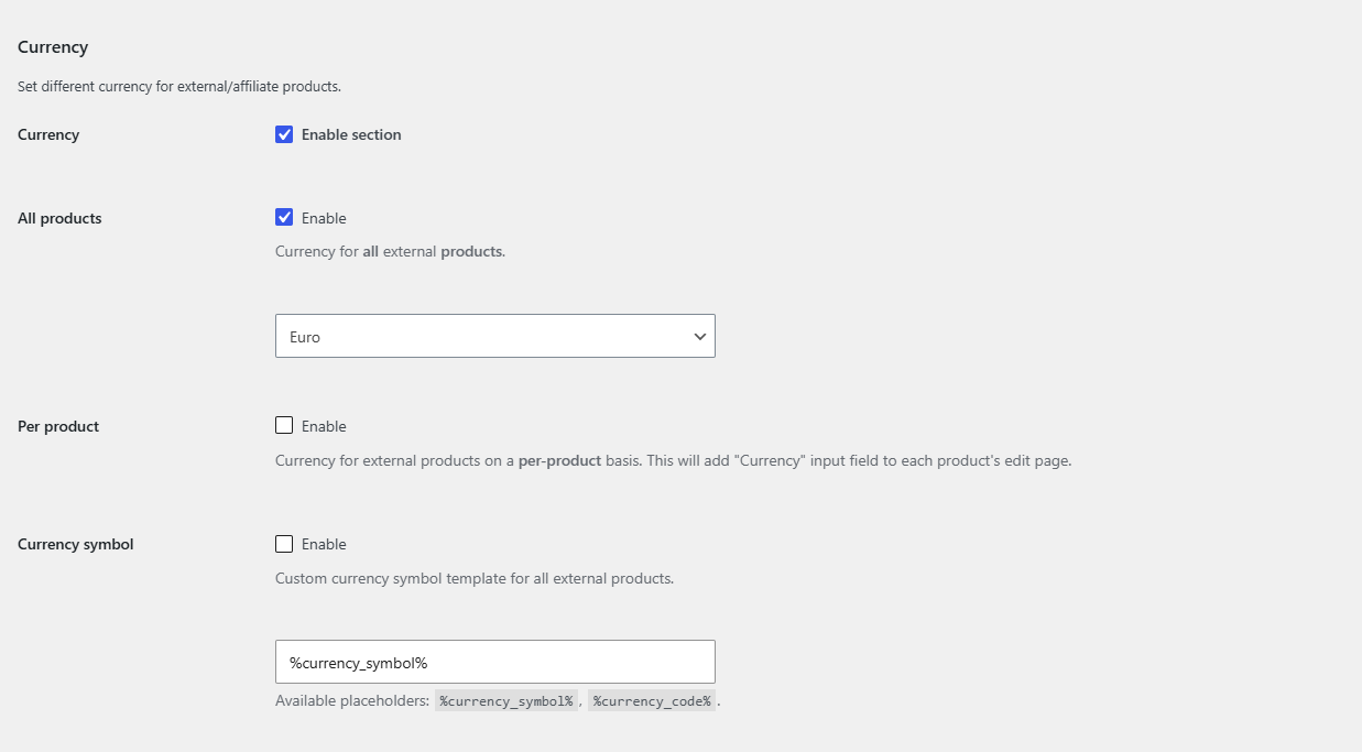 Currency section with All products enabled and a currency selected
