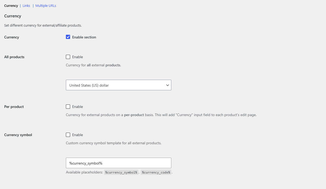 Advanced External Products settings page showing the Currency, Links and Multiple URLs section tabs