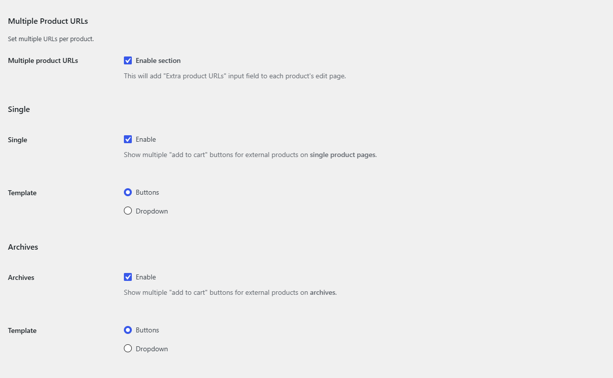 Multiple URLs section with Single and Archives enabled and the Template radio buttons