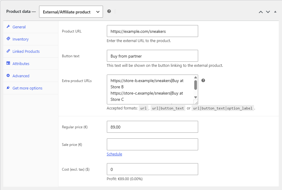 product edit page, General tab, Extra product URLs textarea with three lines