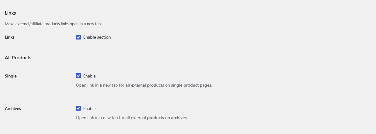 Links section with All Products Single and Archives checked