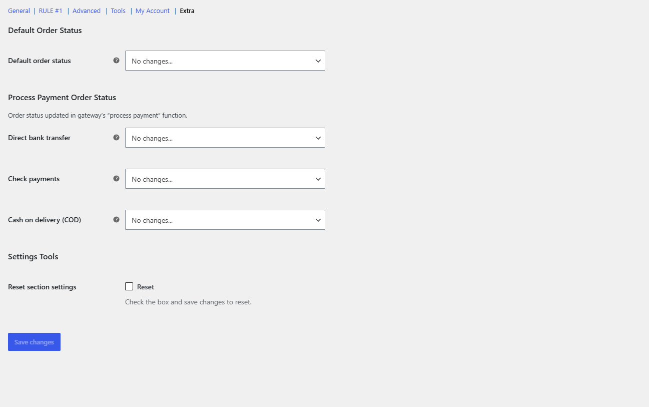 Extra section showing Default Order Status and Process Payment Order Status