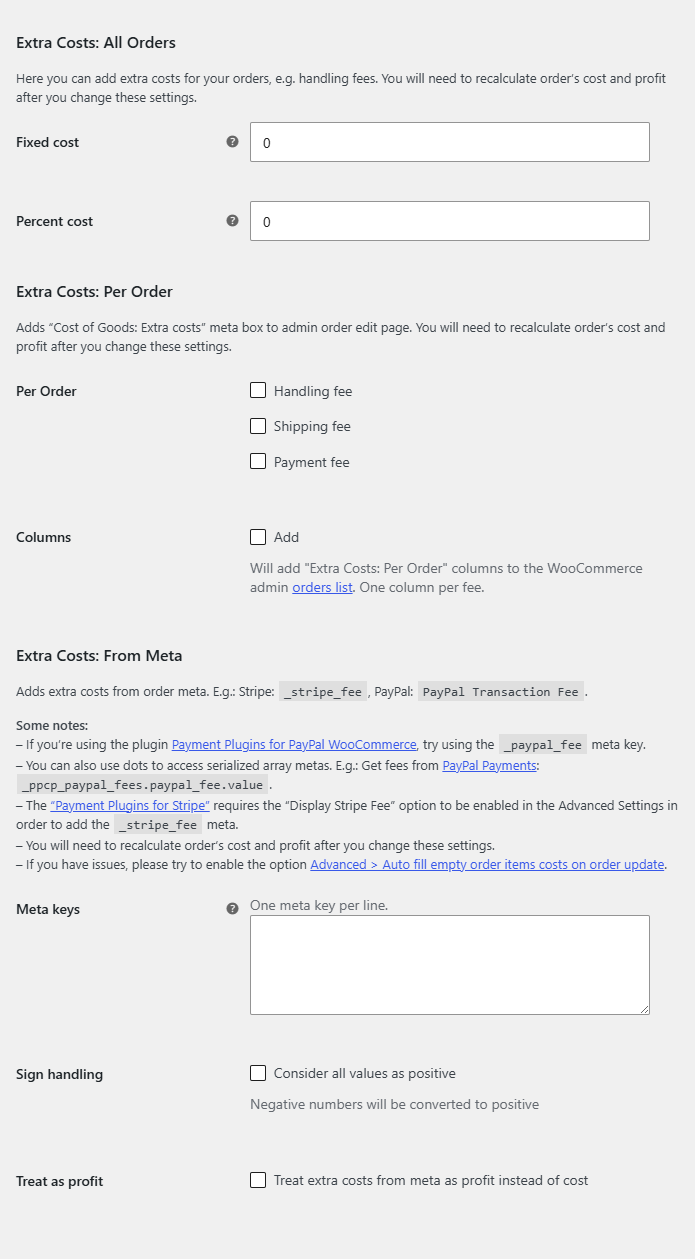Orders sub-tab showing the Extra Costs: All Orders, Per Order, and From Meta groups