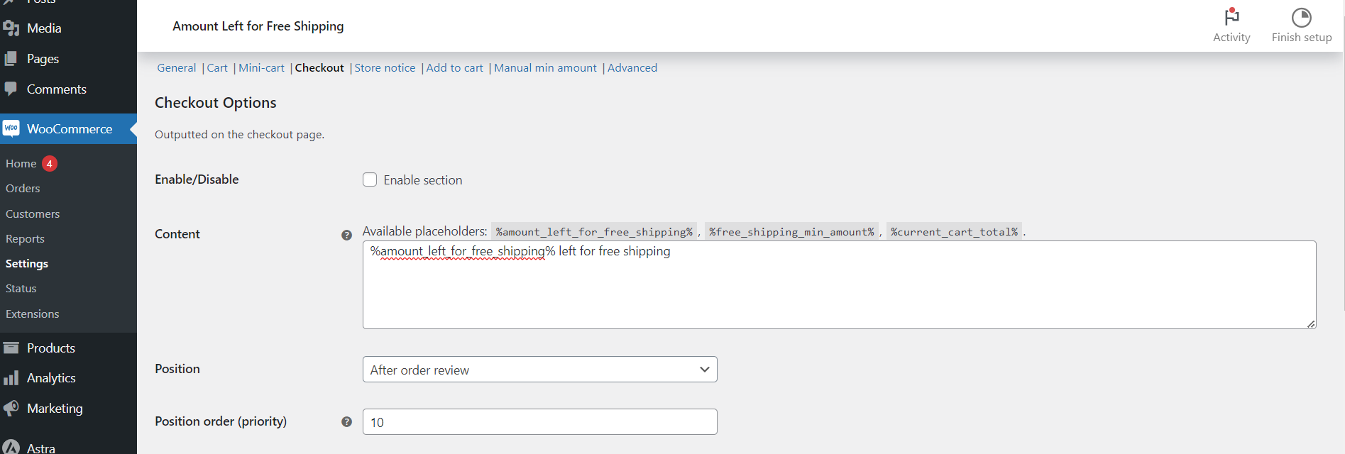 Checkout options in the Free Shipping Bar: content, position and priority