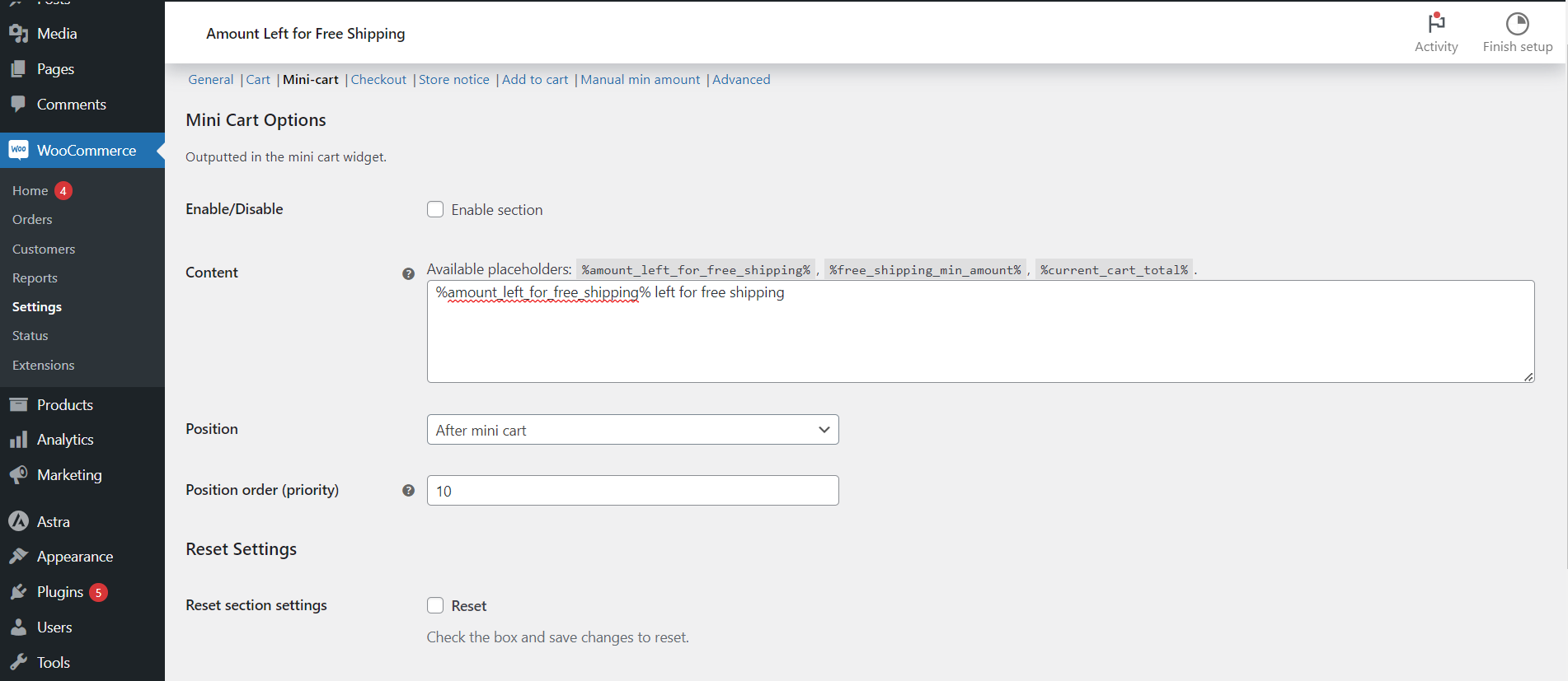 Mini Cart options in the Free Shipping Bar: content, position and priority