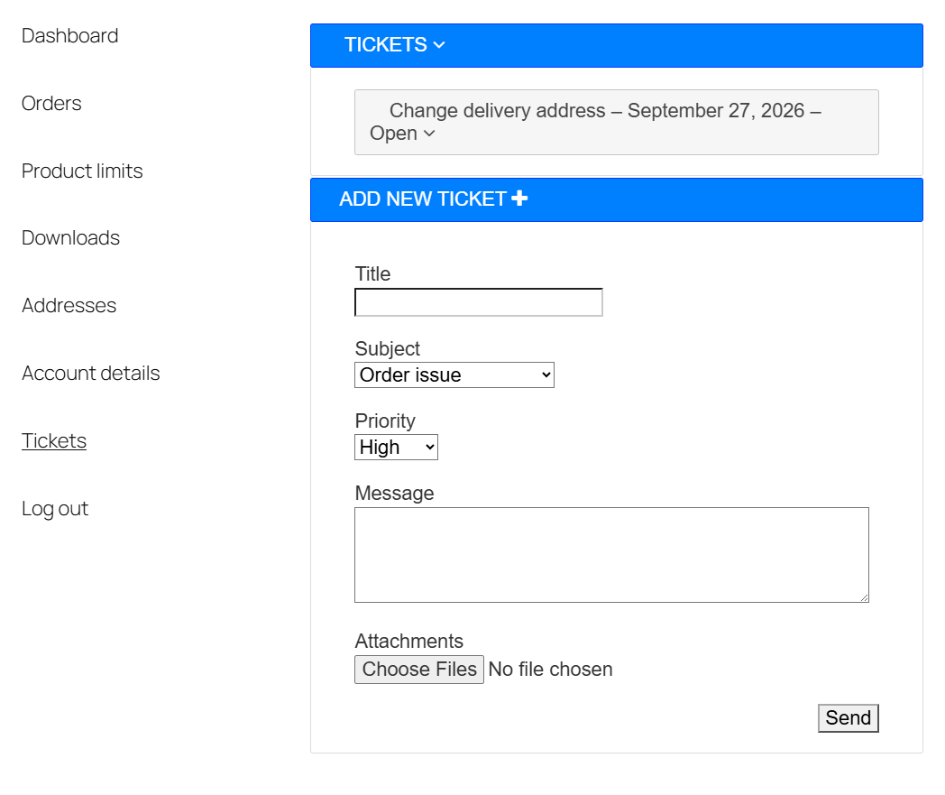 My Account > Tickets page showing the TICKETS list and the ADD NEW TICKET form