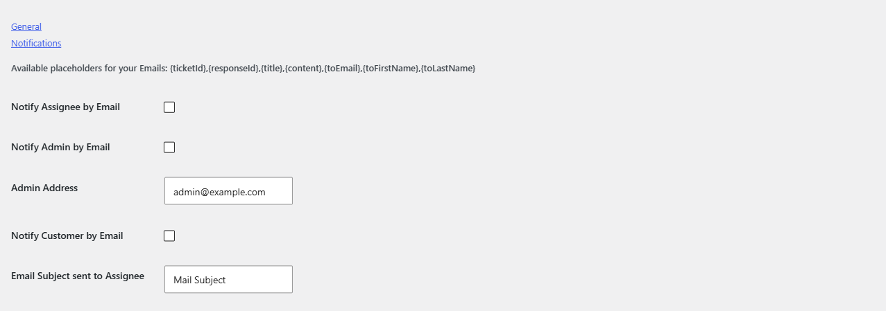 Settings > Notifications sub-tab with the placeholder list and the four checkboxes