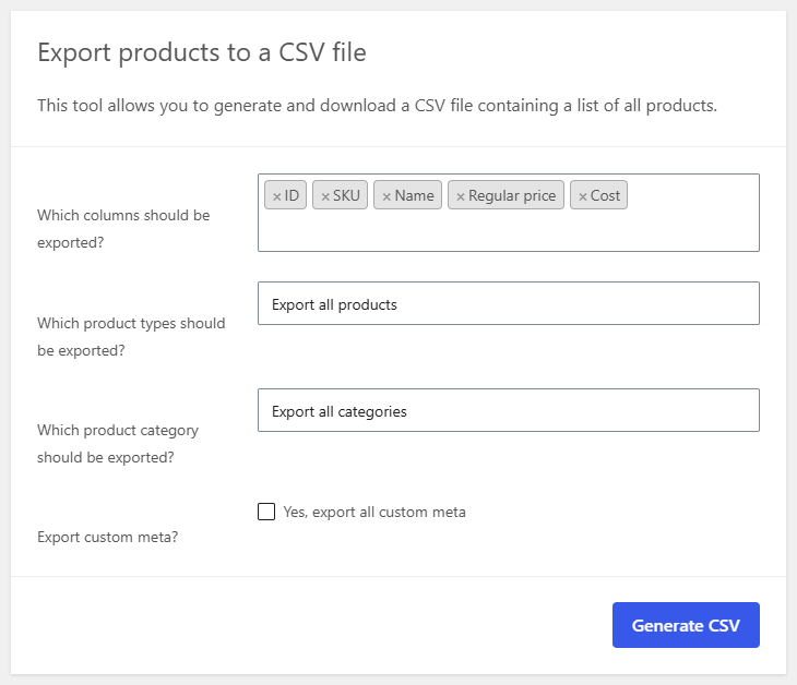 WooCommerce Product Exporter with the Cost column selected