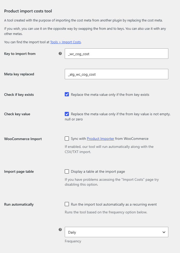 Tools / Import Costs page and the Import tool options on the Tools sub-tab