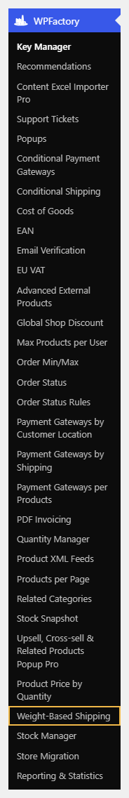 the WPFactory admin menu with the Weight-Based Shipping entry