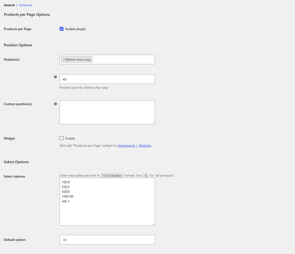 WPFactory > Products per Page, General section with Enable plugin, Position(s) and Select Options