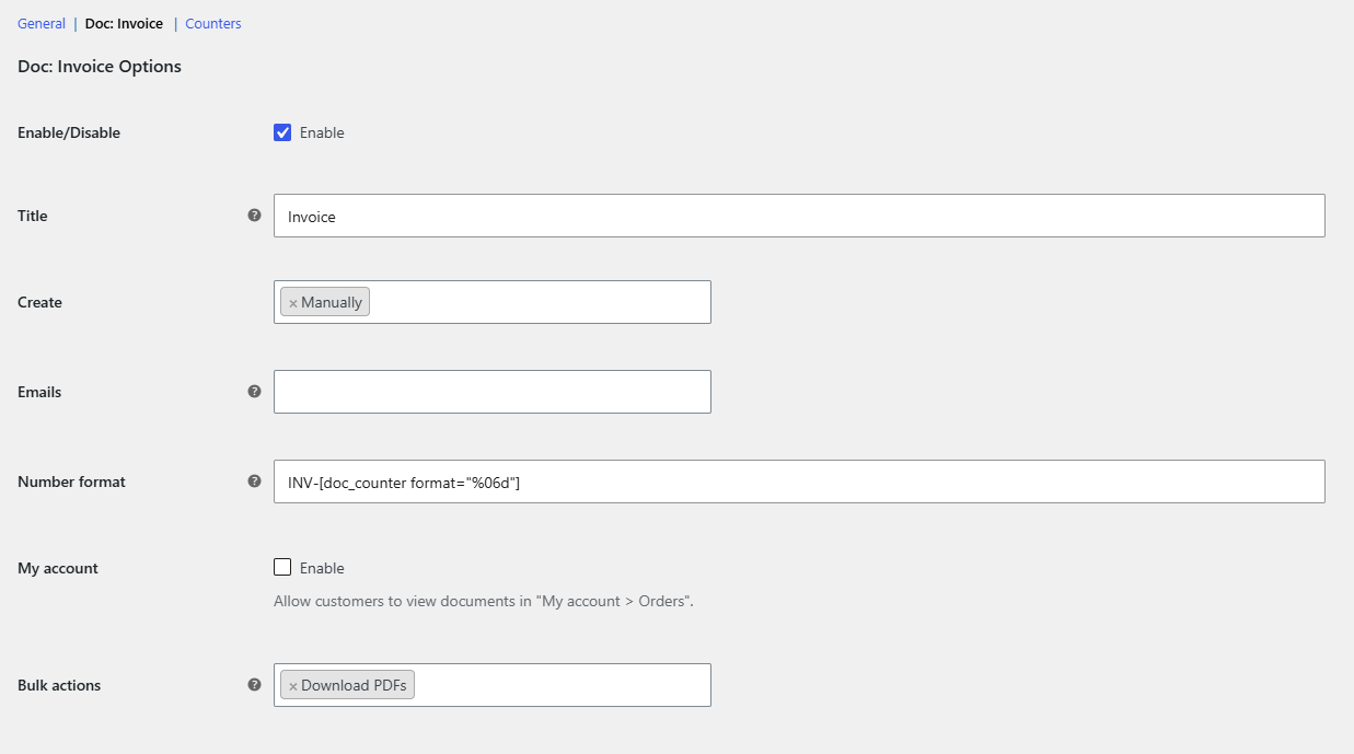 WPFactory > PDF Invoicing > Doc: Invoice section, top options (Enable/Disable, Title, Create, Emails, Number format, My 