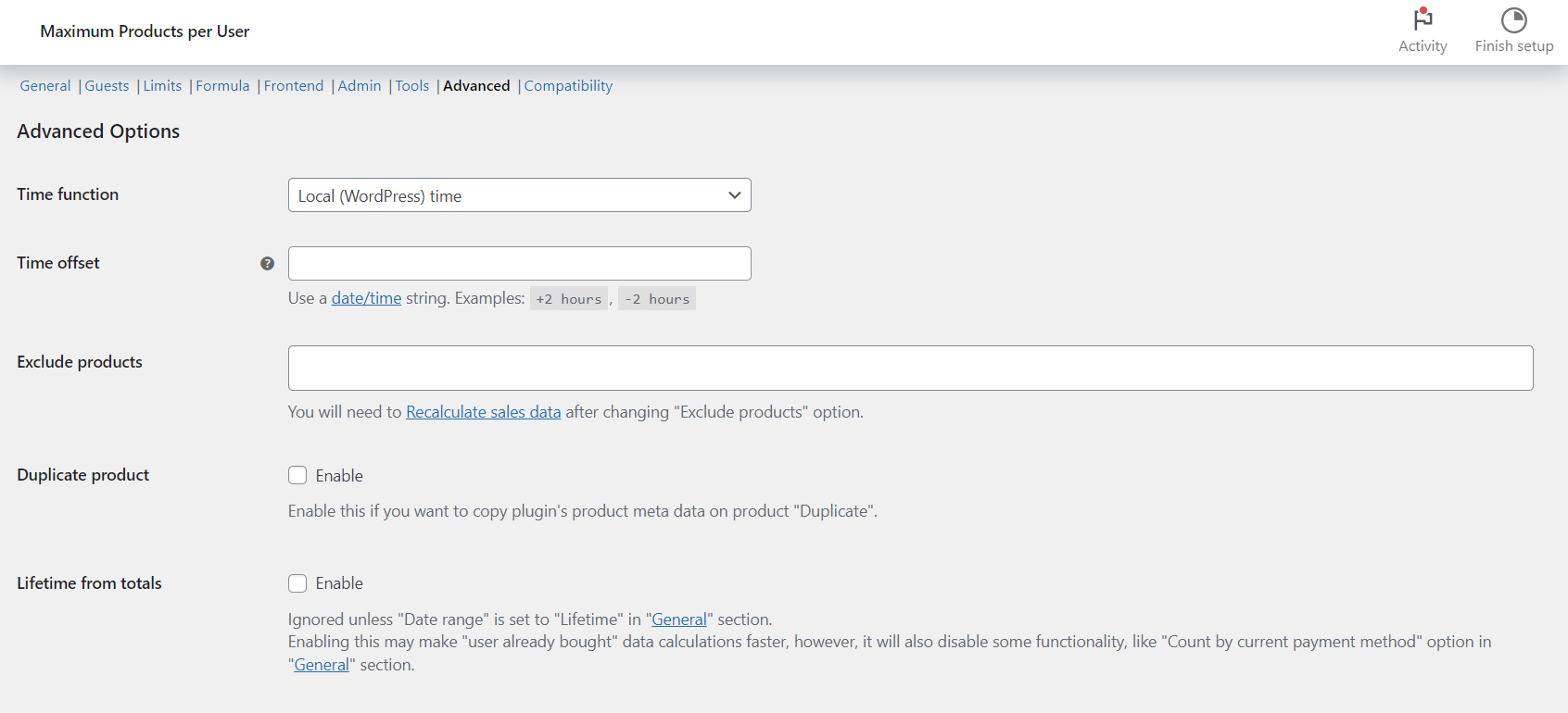 Advanced options in Maximum Products per User: time function, offset, excluded products and lifetime