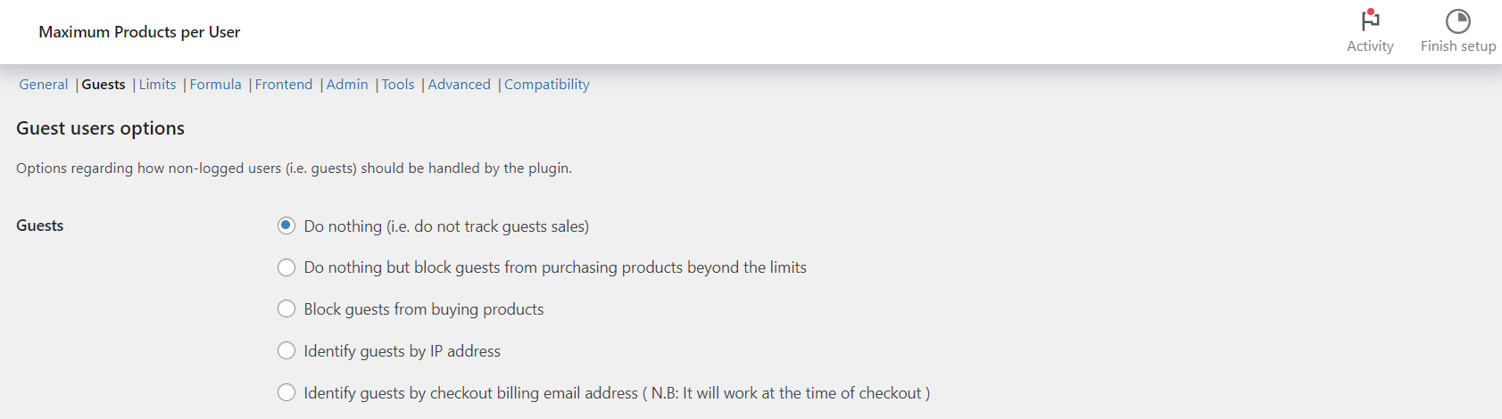 Guest users options in Maximum Products per User: how guests are tracked or blocked