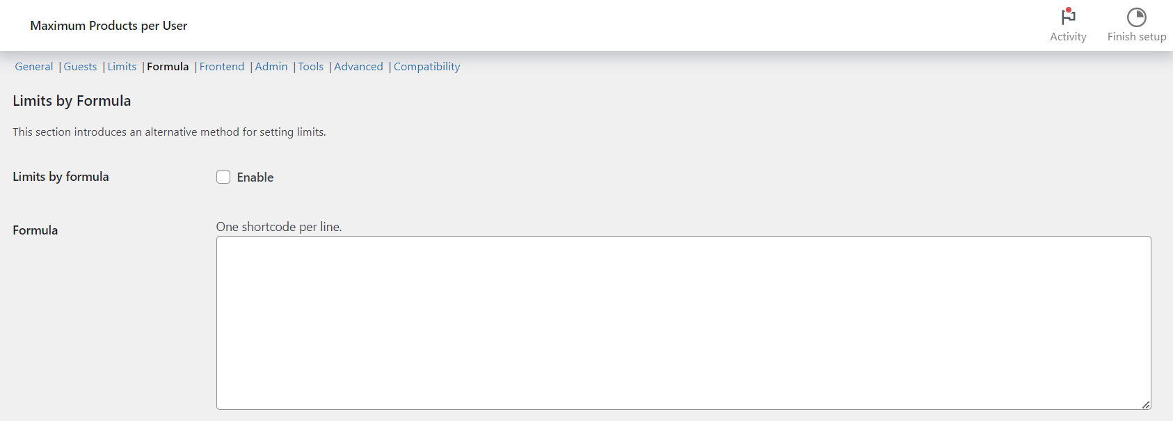 Limits by Formula section in Maximum Products per User with the formula textarea
