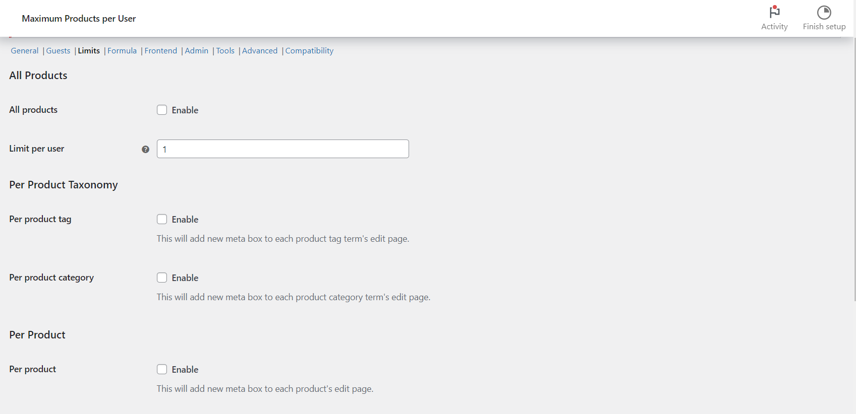 Limits tab in Maximum Products per User: All Products, Per Product Taxonomy and Per Product