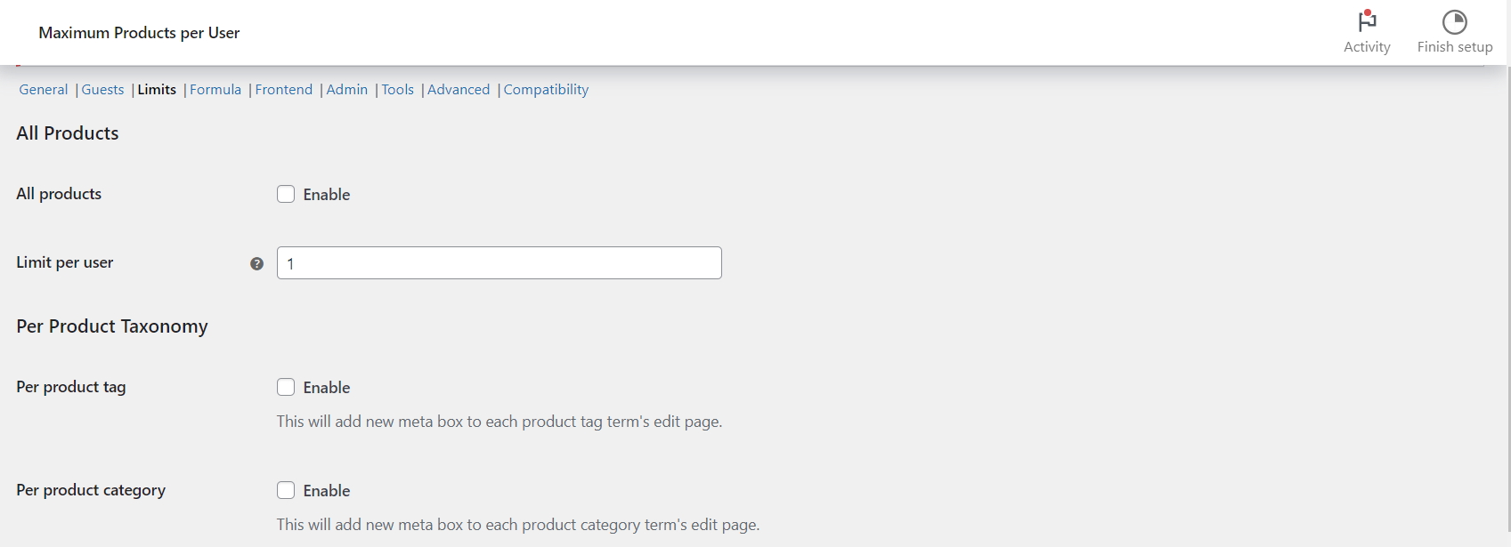 Limits tab in Maximum Products per User showing All Products and Per Product Taxonomy options