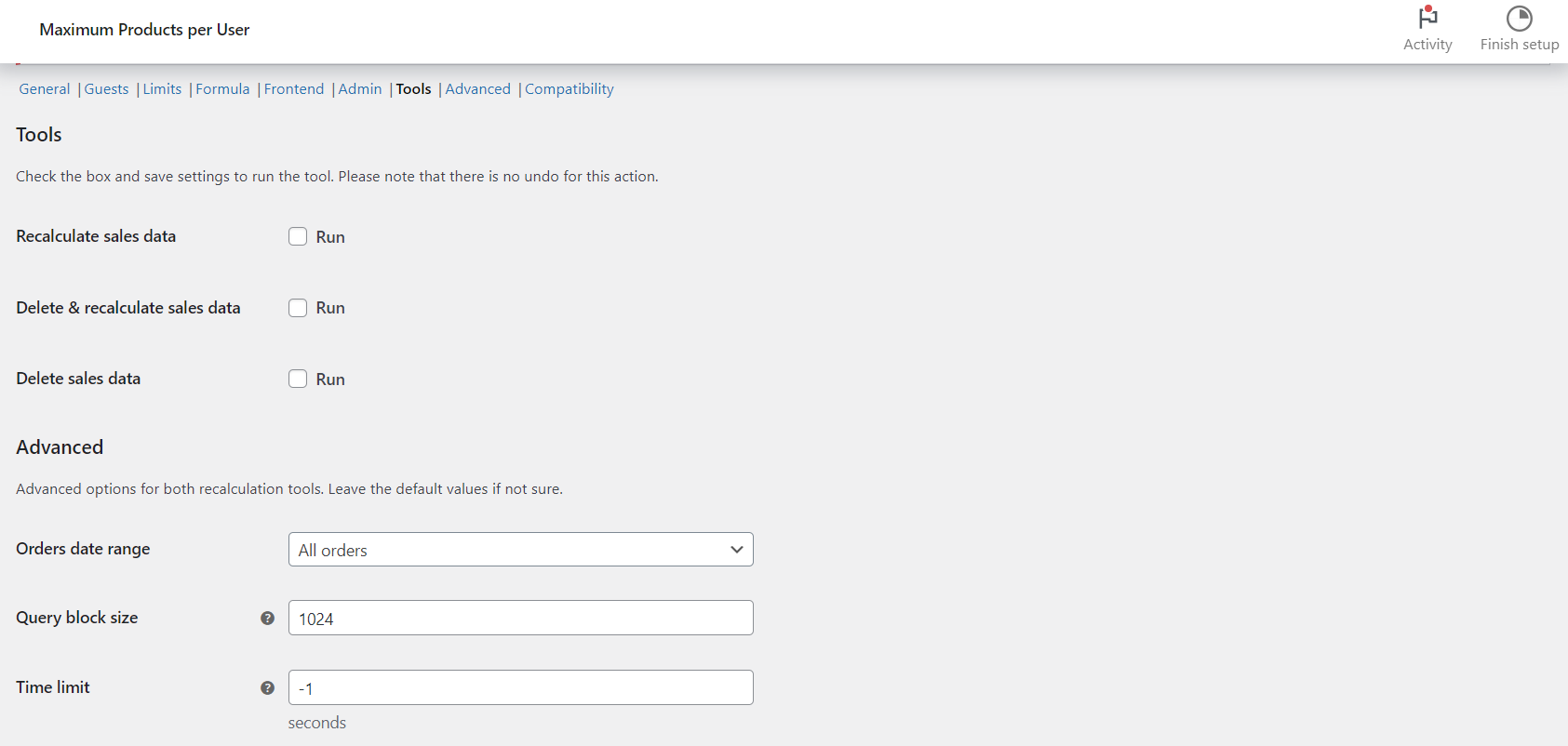 Tools tab in Maximum Products per User with Recalculate, Delete and recalculate, and Delete sales data