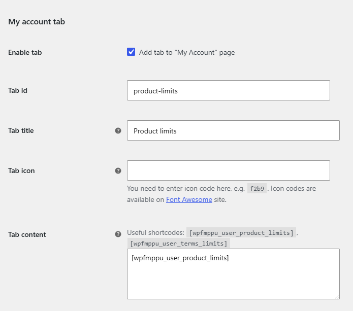 My Account tab settings and the rendered Product limits tab
