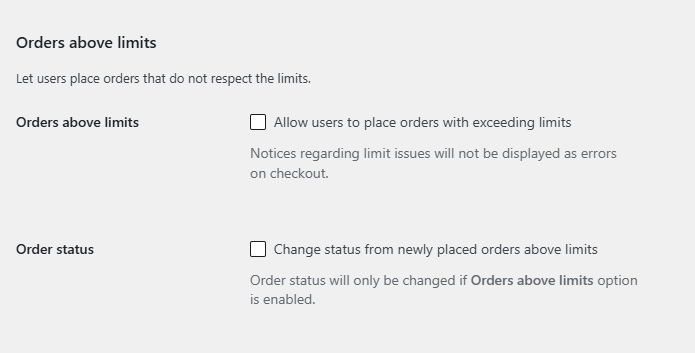 Advanced section, Orders above limits options