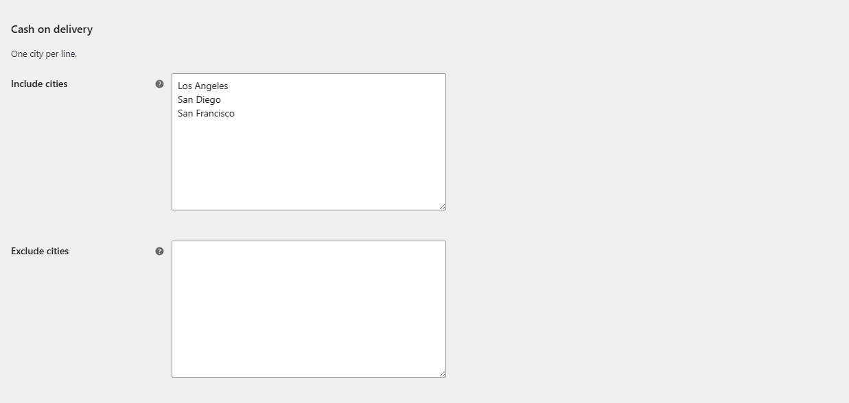 Cities section with three cities entered in Include cities for Cash on delivery
