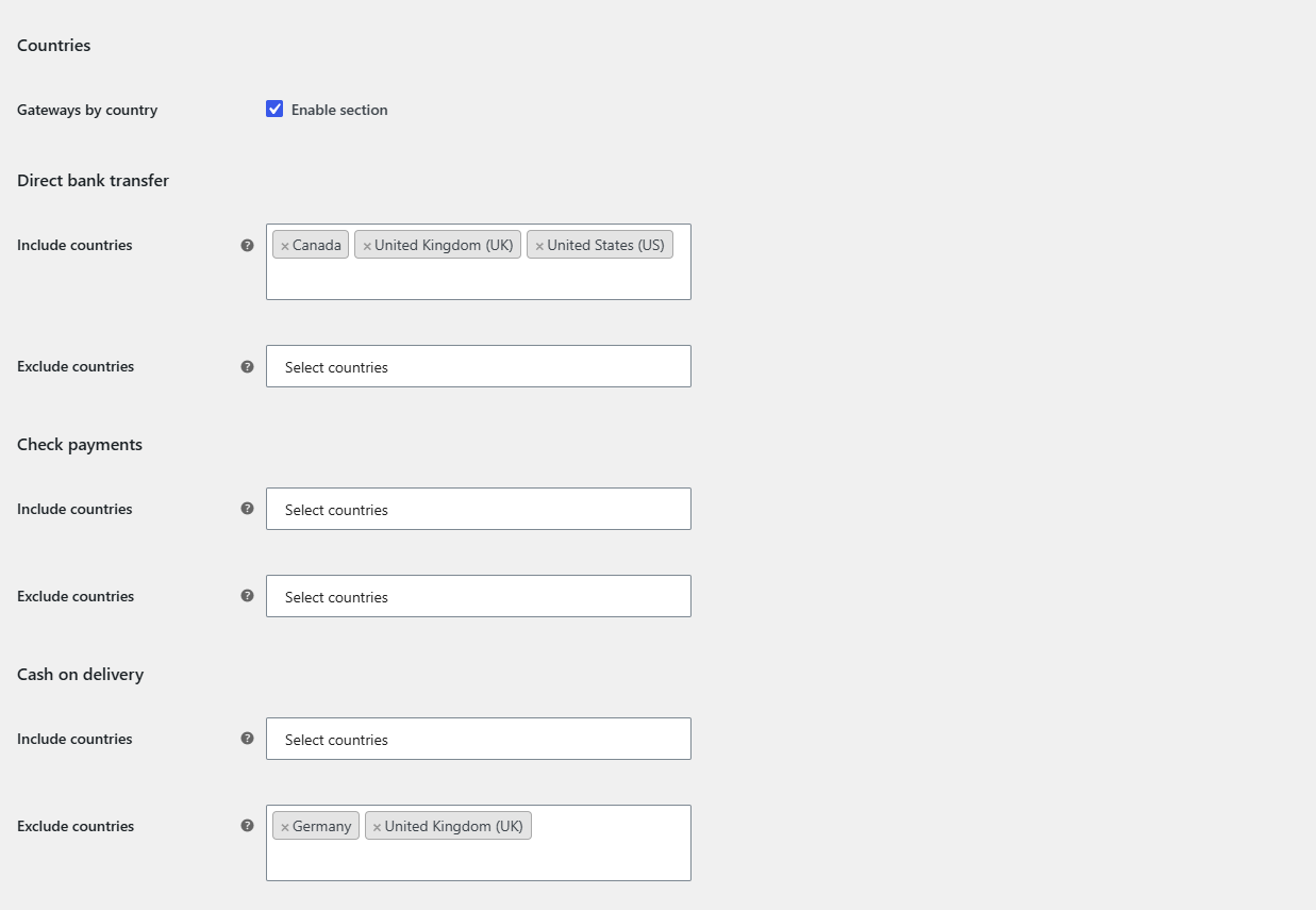 Countries section with Include countries filled for Direct bank transfer and Exclude countries filled for Cash on delive