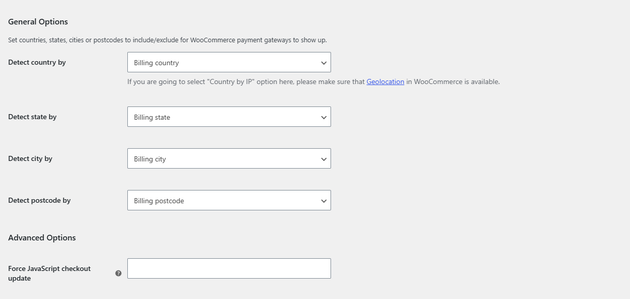 General section of WPFactory, Payment Gateways by Customer Location, showing the four Detect by dropdowns