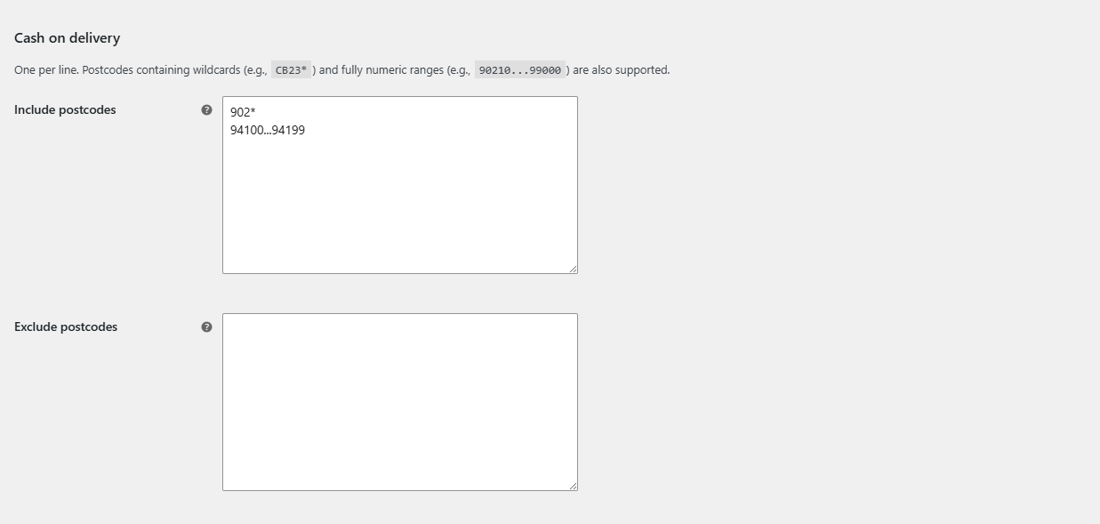 Postcodes section showing a wildcard and a numeric range in Include postcodes for Cash on delivery