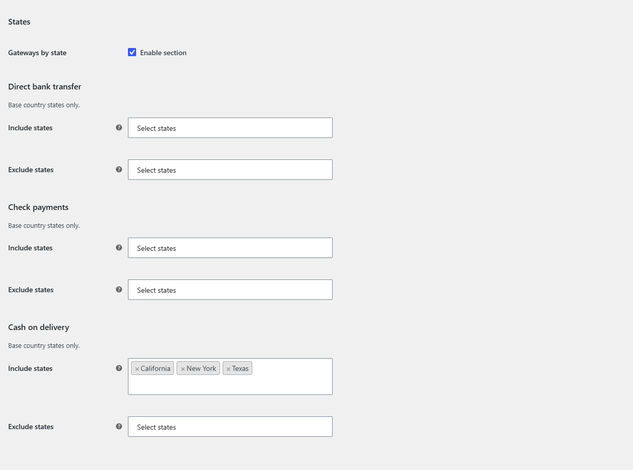 States section with Include states filled for Cash on delivery
