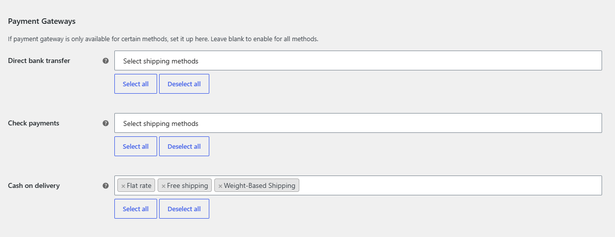 Cash on delivery field with all shipping methods selected except Local pickup