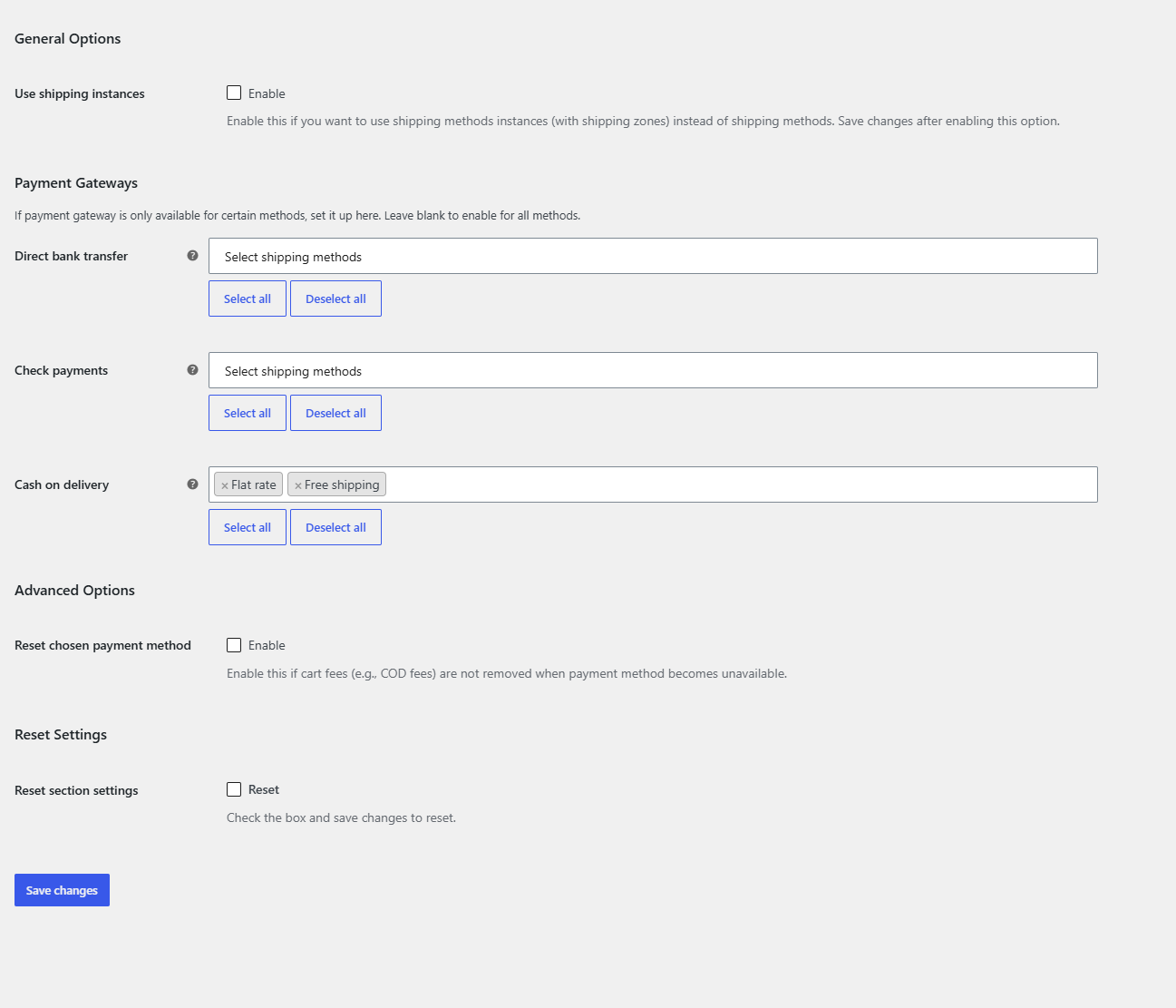 Payment Gateways by Shipping settings page with the Cash on delivery field filled with two shipping methods