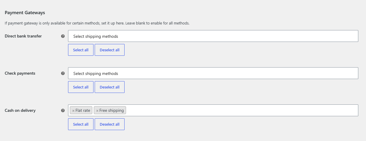 Payment Gateways section showing several gateways, one field filled, Select all and Deselect all buttons visible