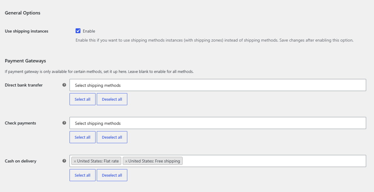 Use shipping instances enabled, gateway field listing entries such as Zone name: Flat rate