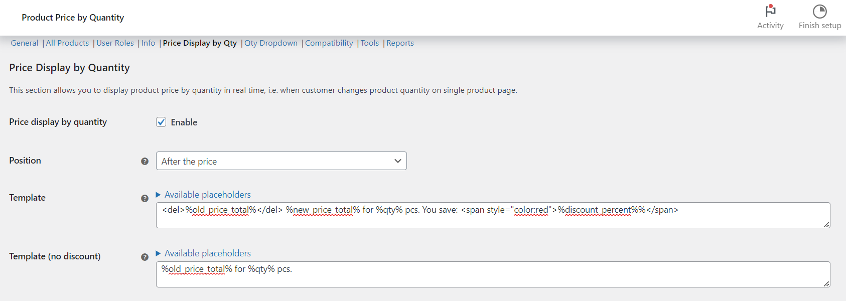 Price Display by Quantity options: position and templates