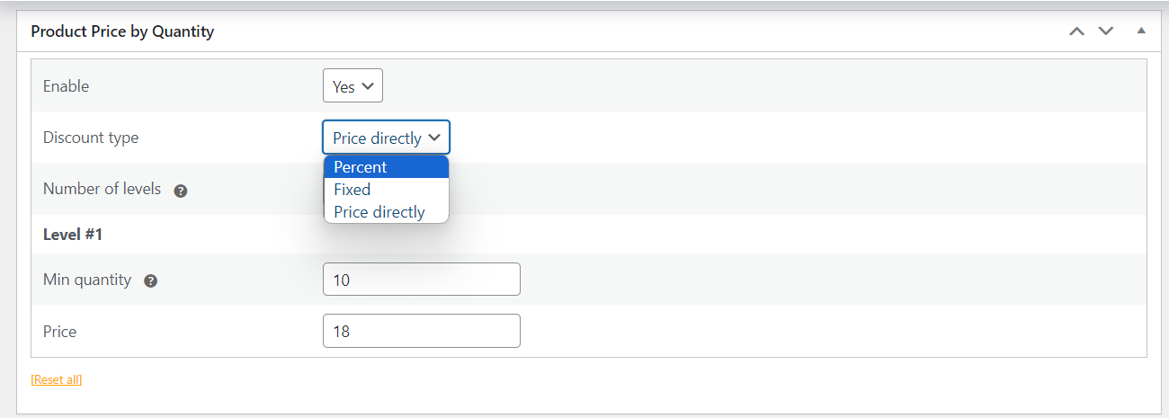 Product Price by Quantity meta box on the product edit page with discount type and levels